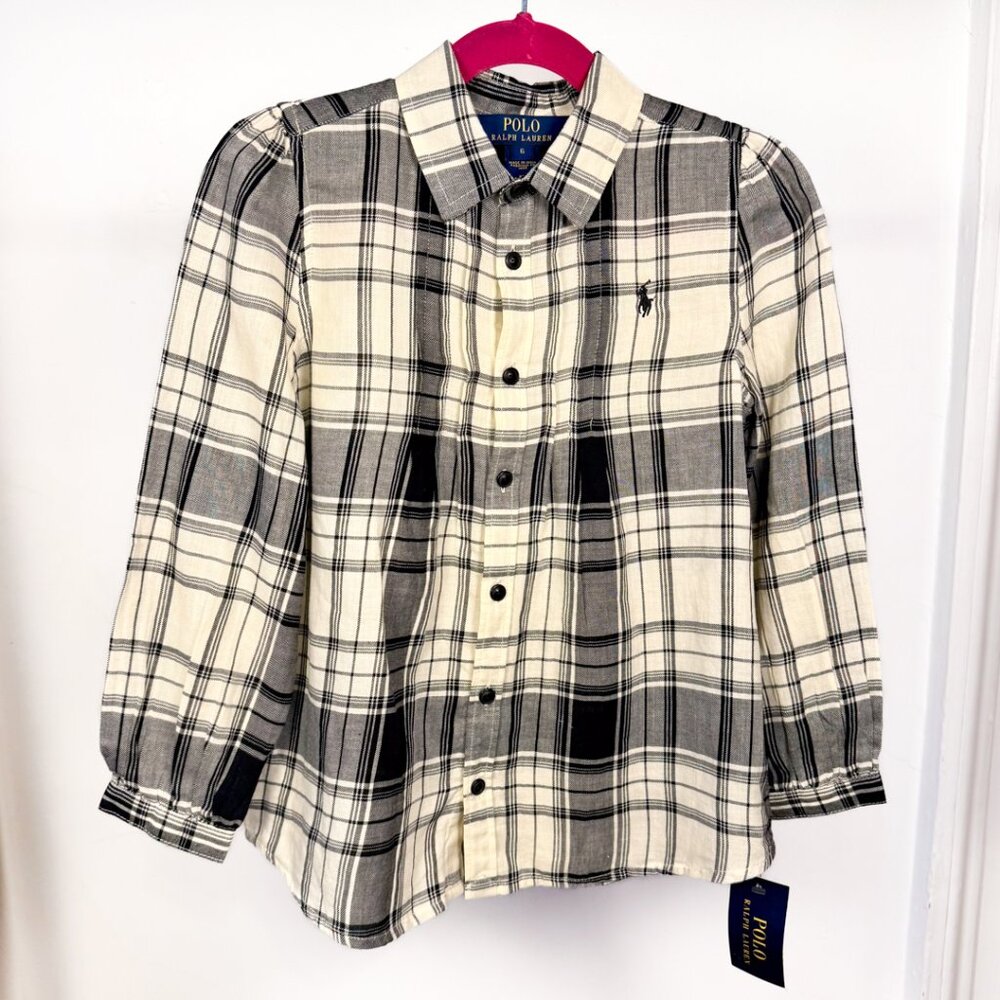 Polo Ralph Lauren Black & Ivory plaid blouse - size 6 - NWT